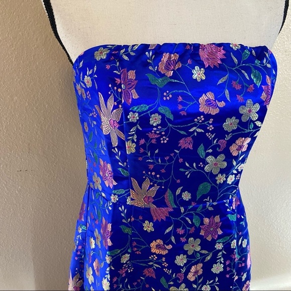 NWOT Lulus Make a Move Blue Satin Floral Jacquard Strapless Midi Dress - Picture 6 of 15